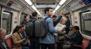 Illustration of a passenger wearing an anti theft backpack on a crowded London Underground train.