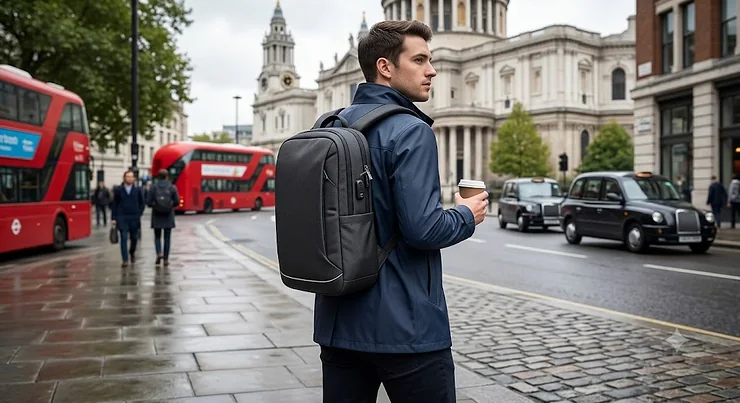 Illustration of a sleek anti theft backpack designed for daily UK commuters.