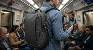 Illustration of an anti theft backpack featuring an integrated USB charging port connected to a mobile phone.