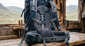 Detailed view of the adjustable back system, padded hip belt, and breathable mesh harness on the best 55l rucksack for heavy loads.