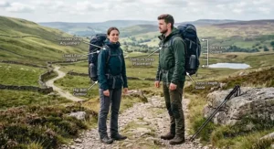 Two hikers on a hillside track displaying the correct fit and adjustment of the best 55l rucksack for both male and female body frames.