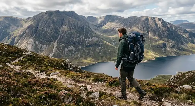 A hiker wearing the best 55l rucksack while trekking through the rugged mountains of the Scottish Highlands.