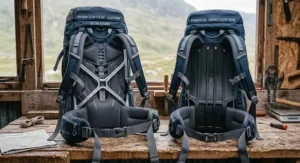A comparison showing the lightweight internal alloy frame structure of a premium 55l rucksack designed for long-distance UK walking trails.