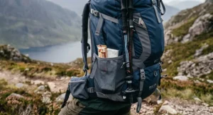 Side view of the best 55l rucksack highlighting the deep mesh side pockets, compression straps, and secure walking pole attachments.