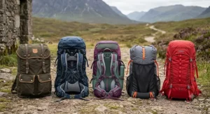 A comparison line-up of the best 70l rucksacks for hiking, highlighting differences in lid storage, ventilation, and pocket layouts.