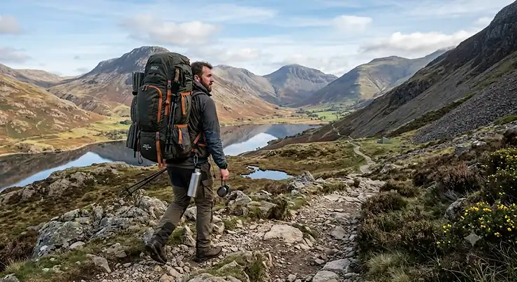A hiker carrying the best 70l rucksack for hiking while wild camping in the Lake District, showcasing its large capacity.