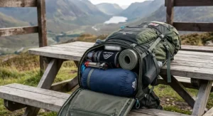 Top-down view showing how to pack a sleeping bag and cooking gear into the base of a premium backpacking rucksack.