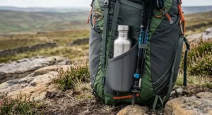 Detailed view of the accessible mesh side pockets on a high-quality backpacking rucksack holding a water bottle and walking poles.