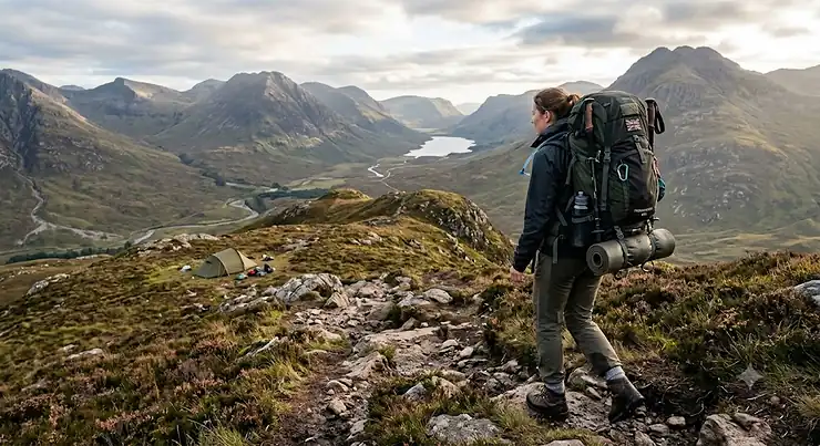 A hiker carrying the best backpacking rucksack while wild camping in the Scottish Highlands.