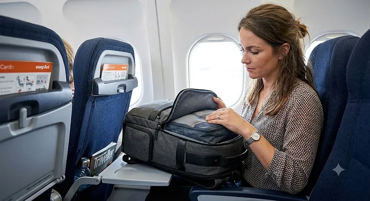 A traveller packing the best cabin backpack designed to fit under seat dimensions for EasyJet flights