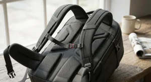 Ergonomic breathable back panel and padded shoulder straps on a premium cabin backpack