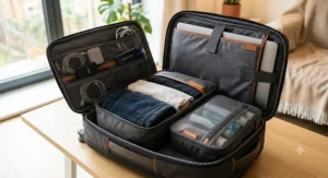 Interior view of the best cabin backpack featuring organised compartments and travel packing cubes
