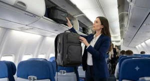 A stylish British Airways passenger placing a durable cabin backpack into the overhead locker