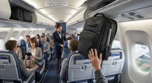 Illustration showing a cabin-approved travel backpack with laptop compartment used as hand luggage on a UK flight