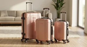Elegant rose gold 3 piece luggage set with sturdy aluminium telescopic handles extended at different heights.