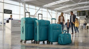 A durable family luggage set in teal showing integrated combination TSA locks for secure international travel.