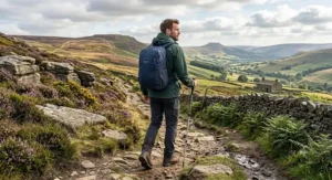 Hiker wearing a durable foldable backpack for travel on a walking trail in the Peak District