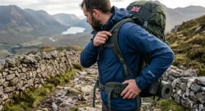 A walker adjusting the padded hip belt and shoulder straps of the best backpacking rucksack for proper weight distribution.