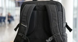 Close up of the padded shoulder straps and ergonomic back support on a Ryanair cabin bag rucksack.