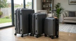 Charcoal grey expandable 3 piece luggage set showing zipped extension compartments on the packing cases.