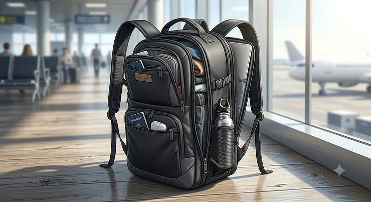 Illustration of a sleek black expandable travel backpack shown in its fully extended capacity for cabin travel.