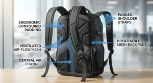 Diagram highlighting the padded shoulder straps and breathable mesh back panel of an ergonomic expandable travel backpack.