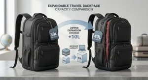 Diagram showing the zipper expansion system on an expandable travel backpack, increasing capacity from 30 to 40 litres.