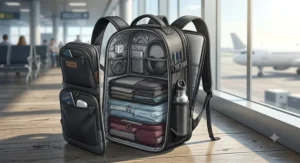 Cutaway view of an expandable travel backpack interior with dedicated laptop sleeve, packing cubes, and organiser pockets.