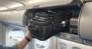 Illustration of an expandable travel backpack fitting into an aeroplane overhead locker for UK airline cabin travel.