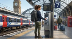 Traveller carrying an expandable travel backpack at a British train station for a weekend holiday.