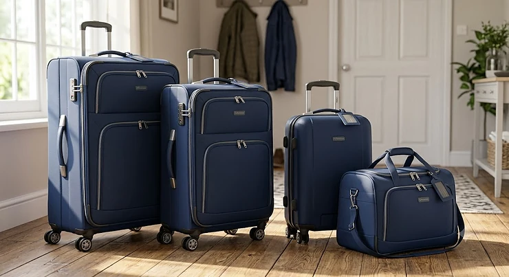 A matching four piece family luggage set in navy blue including two large suitcases and two cabin bags.