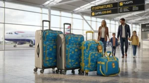 A vibrant family luggage set featuring two adult suitcases alongside matching smaller children's holiday bags.