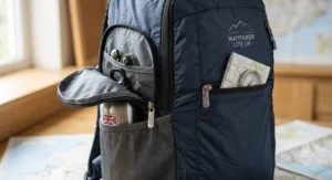 Close up of side mesh water bottle pocket and zipped compartments on a foldable travel backpack