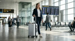 A traveller wheeling a sleek silver hand luggage 4 wheel suitcase through a bright airport terminal.