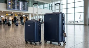 Navy blue hardshell 2 piece luggage set with 4-wheel spinners designed for smooth airport travel.