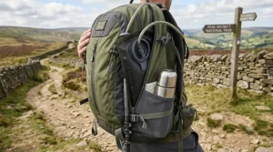 Side hydration pocket on a day pack for hiking used along a Peak District walking trail
