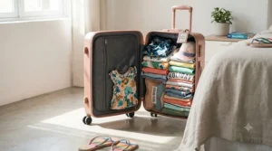 A large rose gold 4 wheel suitcase packed full of clothes for a family summer holiday.