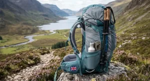 Side view of a fully packed 65-litre women's backpacking rucksack showing trekking pole attachments and side pockets