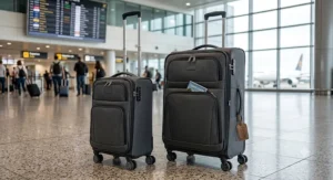 Lightweight 2 piece luggage set in charcoal grey softshell fabric with front zip pockets for easy access.