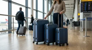 Lightweight 3 piece luggage set with smooth four wheel spinner design for effortless travel through UK airports.