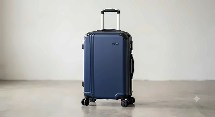A navy blue hard shell 4 wheel suitcase standing upright against a neutral background.