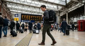 A man carrying a lightweight 40-litre cabin backpack through a busy UK train station