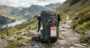 A close-up of a lightweight backpacking rucksack packed for a long-distance walk on a Lake District trail.