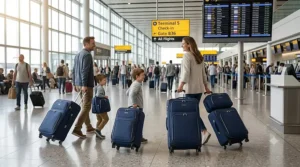 A lightweight family luggage set being wheeled through a busy UK airport terminal building before a holiday.