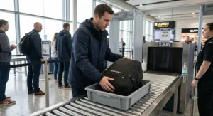 A traveller placing a lightweight Ryanair cabin bag rucksack into a tray at UK airport security.