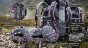 Close-up diagram showcasing the adjustable hip belt and harness features of a lightweight women's backpacking rucksack