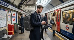Commuter wearing a charcoal grey travel backpack with laptop compartment on a London Underground platform