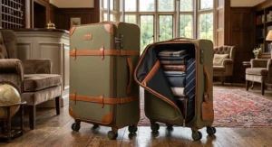 Luxury tan British-style 2 piece luggage set with leather trim detailing, displayed in a boutique hotel lobby.