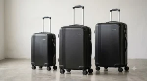 A matching set of three black 4 wheel suitcases in cabin, medium, and large sizes.
