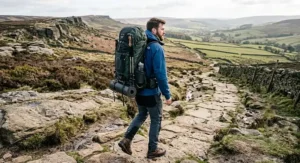 A man hiking along a rocky path in the Peak District wearing a durable 65-litre backpacking rucksack.